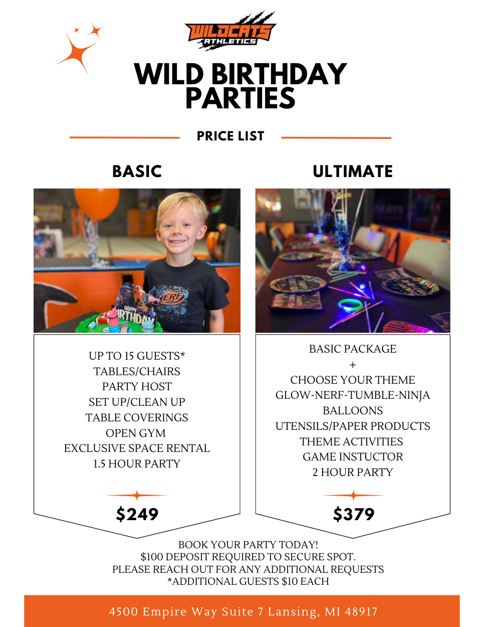 birthday party pricing sheet